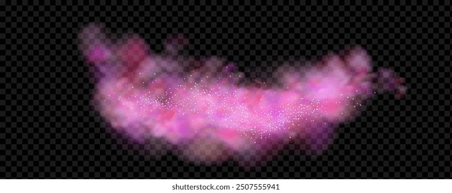 Pink powder dust with glittering shimmering swirls, shiny glitter design. Magical motion, sparkling lines on a black background.