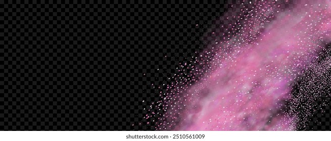 Pink powder dust with glittering shimmering swirls, shiny glitter design. Magical motion, sparkling lines on a black background.