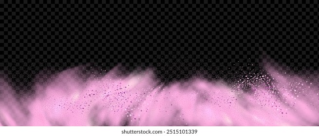 Pink powder dust with glittering shimmering swirls, shiny glitter design. Magical motion, sparkling lines on a black background.