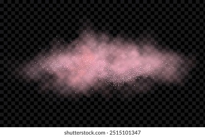 Pink powder dust with glittering shimmering swirls, shiny glitter design. Magical motion, sparkling lines on a black background.