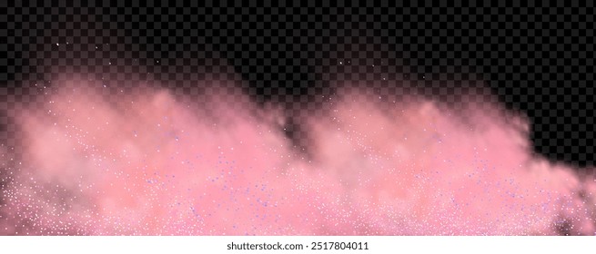 Pink powder dust with glittering shimmering swirls, shiny glitter design. Magical motion, sparkling lines on a black background.