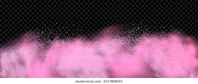 Pink powder dust with glittering shimmering swirls, shiny glitter design. Magical motion, sparkling lines on a black background.