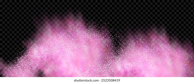 Pink powder dust with glittering shimmering swirls, shiny glitter design. Magical motion, sparkling lines on a black background.