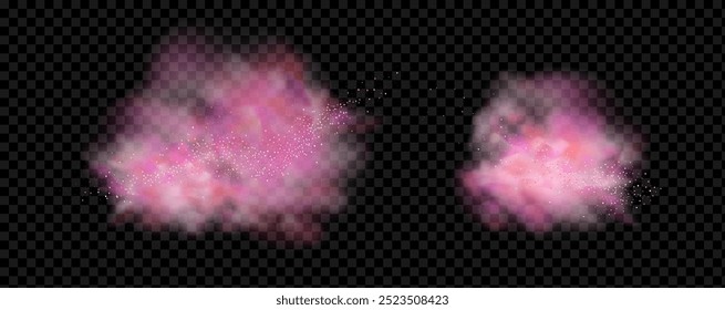 Pink powder dust with glittering shimmering swirls, shiny glitter design. Magical motion, sparkling lines on a black background.