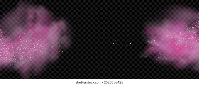 Pink powder dust with glittering shimmering swirls, shiny glitter design. Magical motion, sparkling lines on a black background.