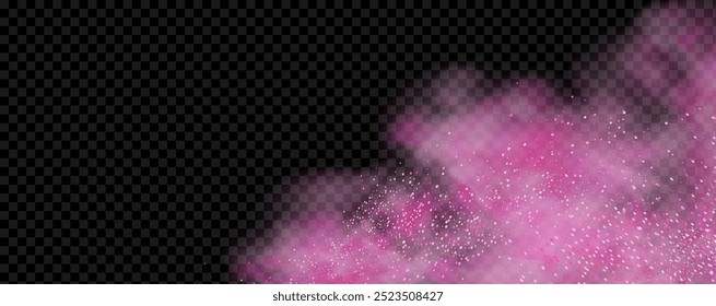 Pink powder dust with glittering shimmering swirls, shiny glitter design. Magical motion, sparkling lines on a black background.