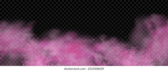 Pink powder dust with glittering shimmering swirls, shiny glitter design. Magical motion, sparkling lines on a black background.