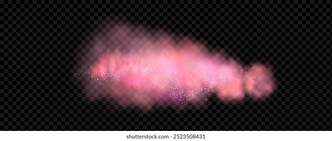 Pink powder dust with glittering shimmering swirls, shiny glitter design. Magical motion, sparkling lines on a black background.