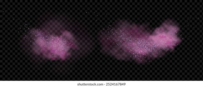 Pink powder dust with glittering shimmering swirls, shiny glitter design. Magical motion, sparkling lines on a black background.