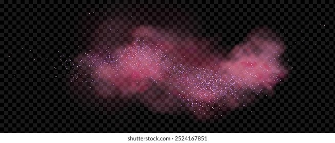 Pink powder dust with glittering shimmering swirls, shiny glitter design. Magical motion, sparkling lines on a black background.