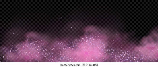 Pink powder dust with glittering shimmering swirls, shiny glitter design. Magical motion, sparkling lines on a black background.