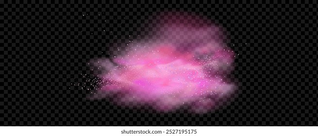 Pink powder dust with glittering shimmering swirls, shiny glitter design. Magical motion, sparkling lines on a black background.