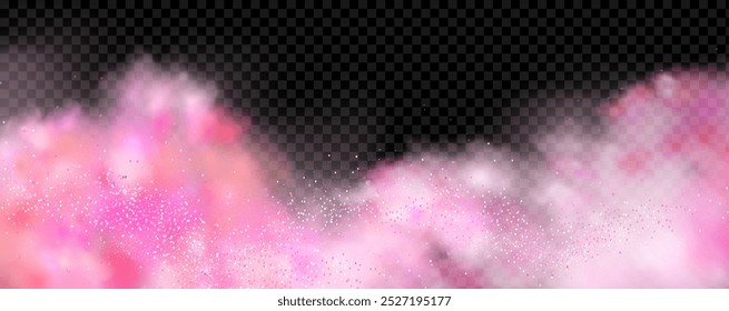 Pink powder dust with glittering shimmering swirls, shiny glitter design. Magical motion, sparkling lines on a black background.