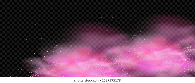 Pink powder dust with glittering shimmering swirls, shiny glitter design. Magical motion, sparkling lines on a black background.