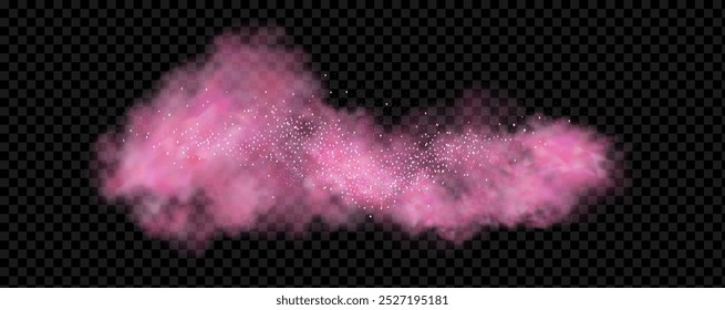 Pink powder dust with glittering shimmering swirls, shiny glitter design. Magical motion, sparkling lines on a black background.