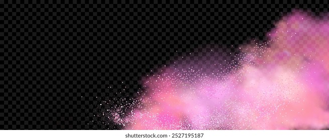 Pink powder dust with glittering shimmering swirls, shiny glitter design. Magical motion, sparkling lines on a black background.