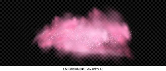 Pink powder dust with glittering shimmering swirls, shiny glitter design. Magical motion, sparkling lines on a black background.