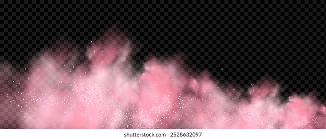 Pink powder dust with glittering shimmering swirls, shiny glitter design. Magical motion, sparkling lines on a black background.