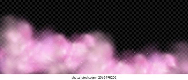 Pink powder dust with glittering shimmering swirls, shiny glitter design. Magical motion, sparkling lines on a black background.