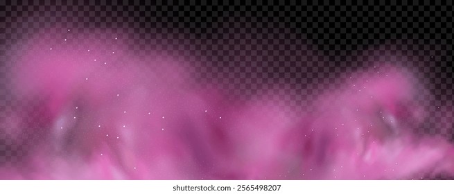 Pink powder dust with glittering shimmering swirls, shiny glitter design. Magical motion, sparkling lines on a black background.