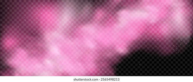 Pink powder dust with glittering shimmering swirls, shiny glitter design. Magical motion, sparkling lines on a black background.