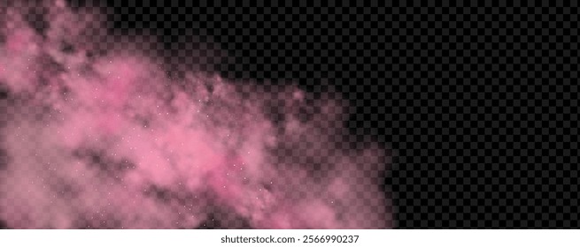 Pink powder dust with glittering shimmering swirls, shiny glitter design. Magical motion, sparkling lines on a black background.