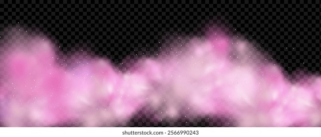 Pink powder dust with glittering shimmering swirls, shiny glitter design. Magical motion, sparkling lines on a black background.