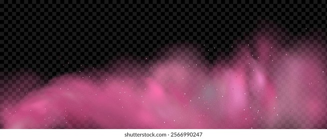 Pink powder dust with glittering shimmering swirls, shiny glitter design. Magical motion, sparkling lines on a black background.