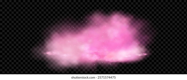 Pink powder dust with glittering shimmering swirls, shiny glitter design. Magical motion, sparkling lines on a black background.