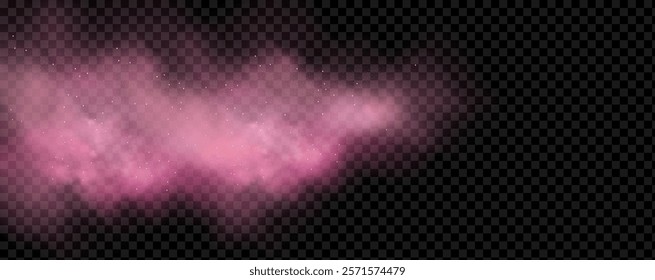 Pink powder dust with glittering shimmering swirls, shiny glitter design. Magical motion, sparkling lines on a black background.