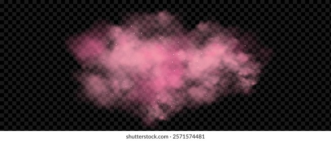 Pink powder dust with glittering shimmering swirls, shiny glitter design. Magical motion, sparkling lines on a black background.