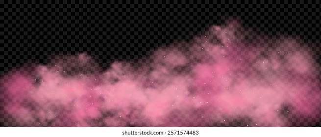 Pink powder dust with glittering shimmering swirls, shiny glitter design. Magical motion, sparkling lines on a black background.