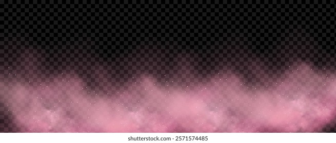 Pink powder dust with glittering shimmering swirls, shiny glitter design. Magical motion, sparkling lines on a black background.