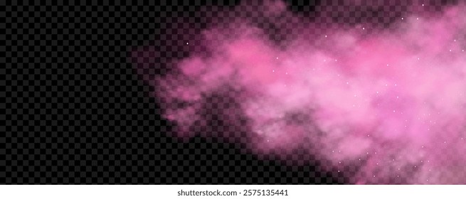 Pink powder dust with glittering shimmering swirls, shiny glitter design. Magical motion, sparkling lines on a black background.