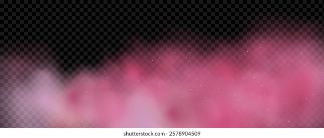 Pink powder dust with glittering shimmering swirls, shiny glitter design. Magical motion, sparkling lines on a black background.