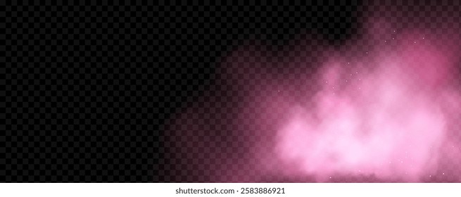 Pink powder dust with glittering shimmering swirls, shiny glitter design. Magical motion, sparkling lines on a black background.