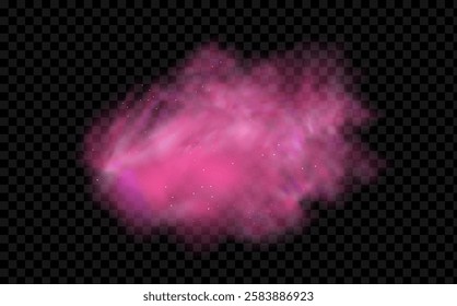 Pink powder dust with glittering shimmering swirls, shiny glitter design. Magical motion, sparkling lines on a black background.