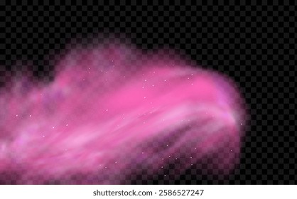 Pink powder dust with glittering shimmering swirls, shiny glitter design. Magical motion, sparkling lines on a black background.