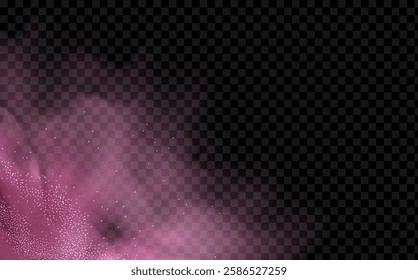 Pink powder dust with glittering shimmering swirls, shiny glitter design. Magical motion, sparkling lines on a black background.