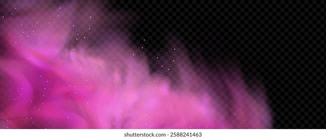 Pink powder dust with glittering shimmering swirls, shiny glitter design. Magical motion, sparkling lines on a black background.