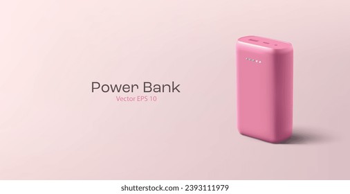 Pink power bank, portable charger, 3D. For new technologies, branding. Banner for web advertising. Vector illustration.