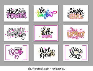 Pink power, be rainbow, super girl, hello gorgeous, you so lovely today, everything will be okay, born to shine set of vector slogans in girlish concept