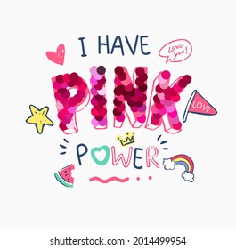 pink power slogan with pink sequins and cute icons vector illustration