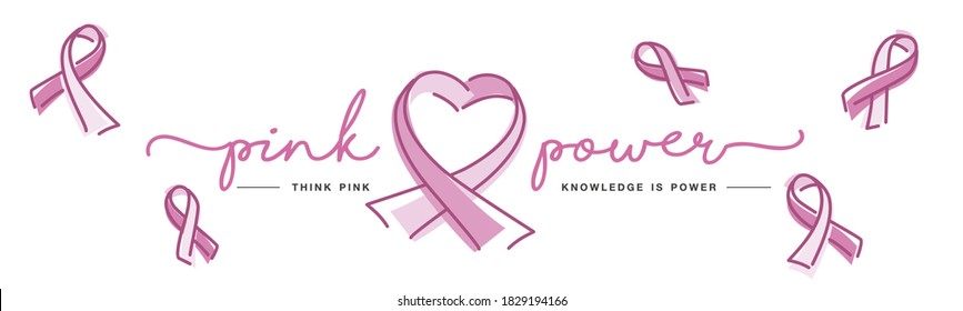 Pink power think pink breast cancer awareness month ribbons handwritten line design white background banner