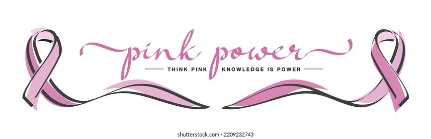 Pink power think pink knowledge is power breast cancer awareness month handwritten calligraphy lettering and ribbons design white background banner