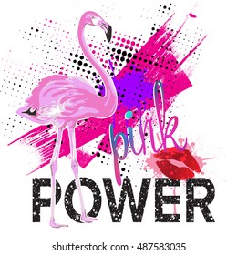 Pink power. Typography graphic print with pink flamingo, Abstract fashion drawing for t-shirts. creative design for girls. Illustration in modern style for clothes. Girlish print