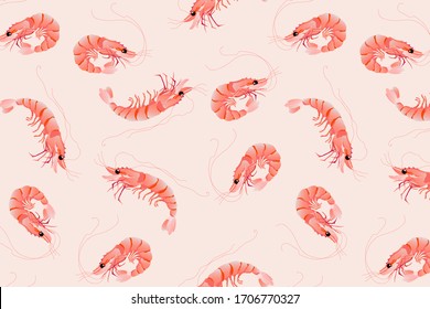 Pink Prawn pattern. Seamless hand-drawn vector pattern design. Seafood concept. Mediterranean food pattern. Seafood texture design for web banner and print.