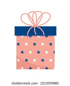 Pink present box with stars and bow. Gift. Flat, cartoon. Isolated vector illustration eps 10
