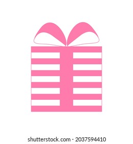 Presente rosa con envoltura a rayas y arco. Icono de la caja de regalo aislado en fondo blanco. Ilustración vectorial de dibujos animados. Diseño para tarjeta de saludo, postal, banner, venta, promoción, descuento, publicidad