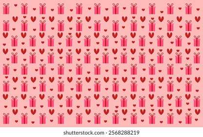 Pink presents and red hearts on a light pink background, perfect for Valentines Day cards, gift wrapping paper, and festive designs.